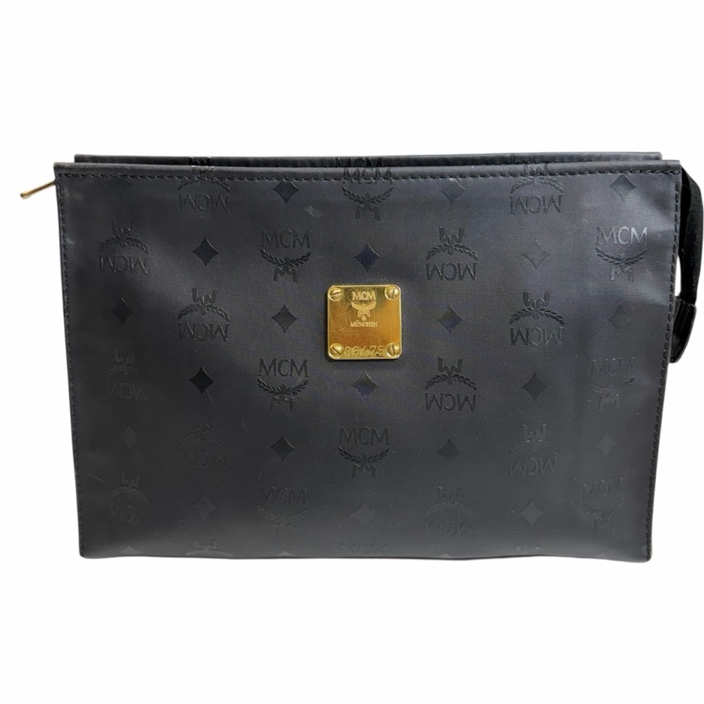 MCM Black Nylon Monogram Visetos Pouch with Gold Accents Unisex‎
